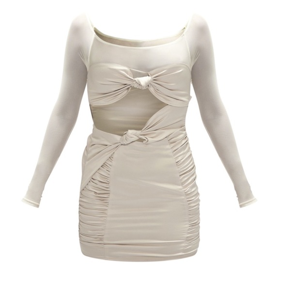 NWT PLT Cream Satin Bardot Twist Front Cut Out Bodycon Dress - Picture 5 of 8